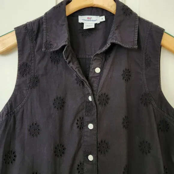 Vineyard Vines Black Sleeveless Eyelet Cotton Shirt Dress Feminine Preppy Cute - Picture 5 of 11